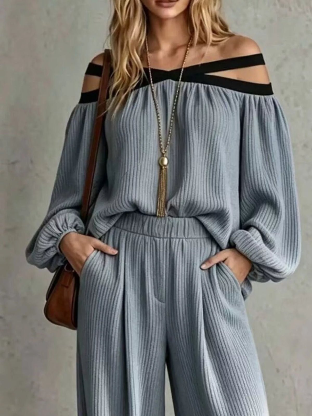 Off-Shoulder Crisscross Cutout Ribbed Knit Top and Wide-Leg Pants Set, view 3