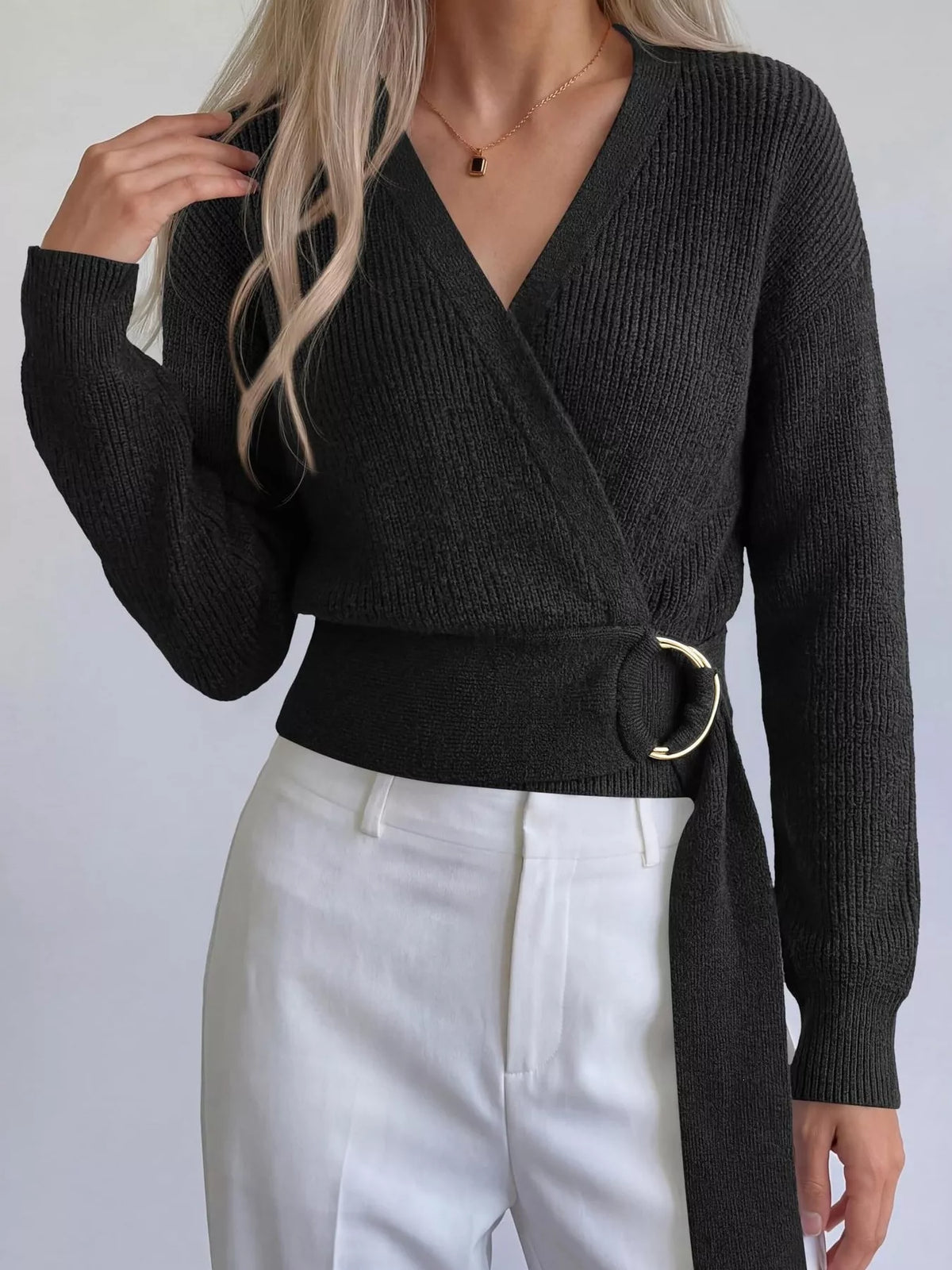 Metal Ring Detail Dropped Shoulder Sweater - Lilixa.store