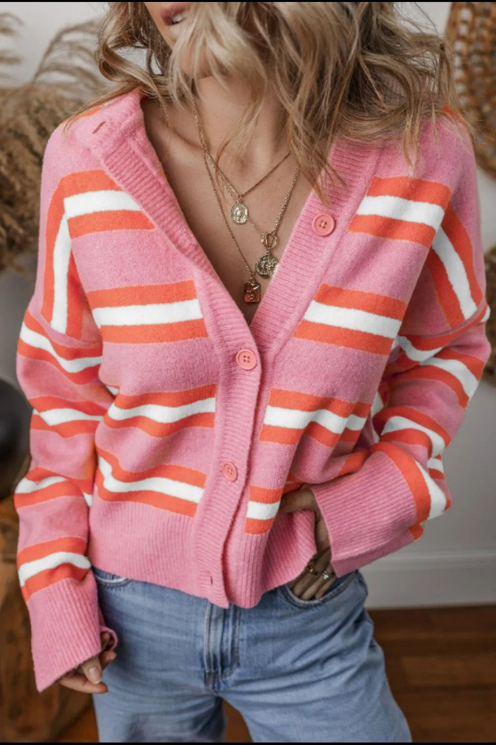 Striped Button Down Long Sleeve Cardigan - Lilixa.store