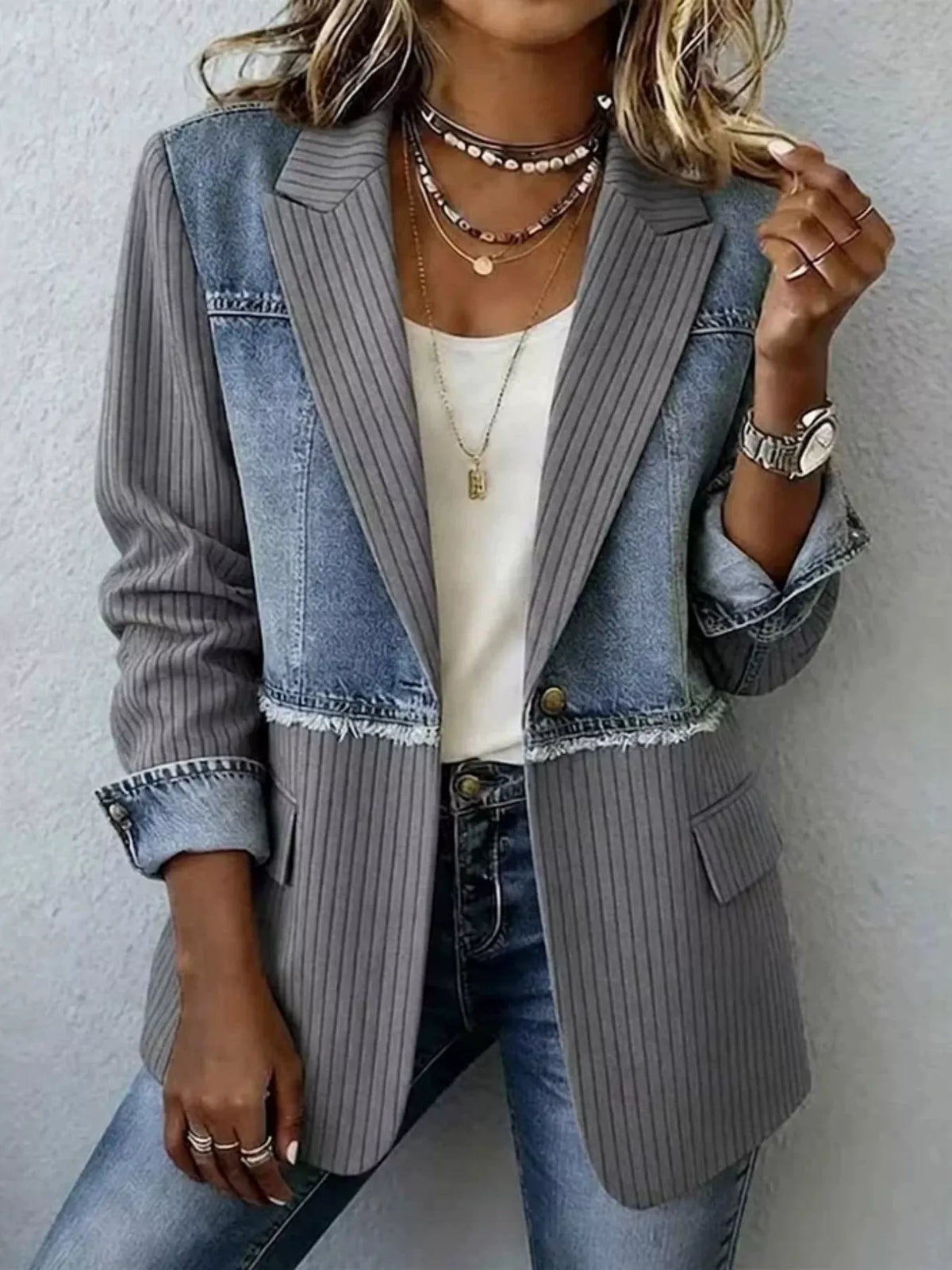 Full Size Patchwork Denim Ribbed Blazer Plus Size - Lilixa.store