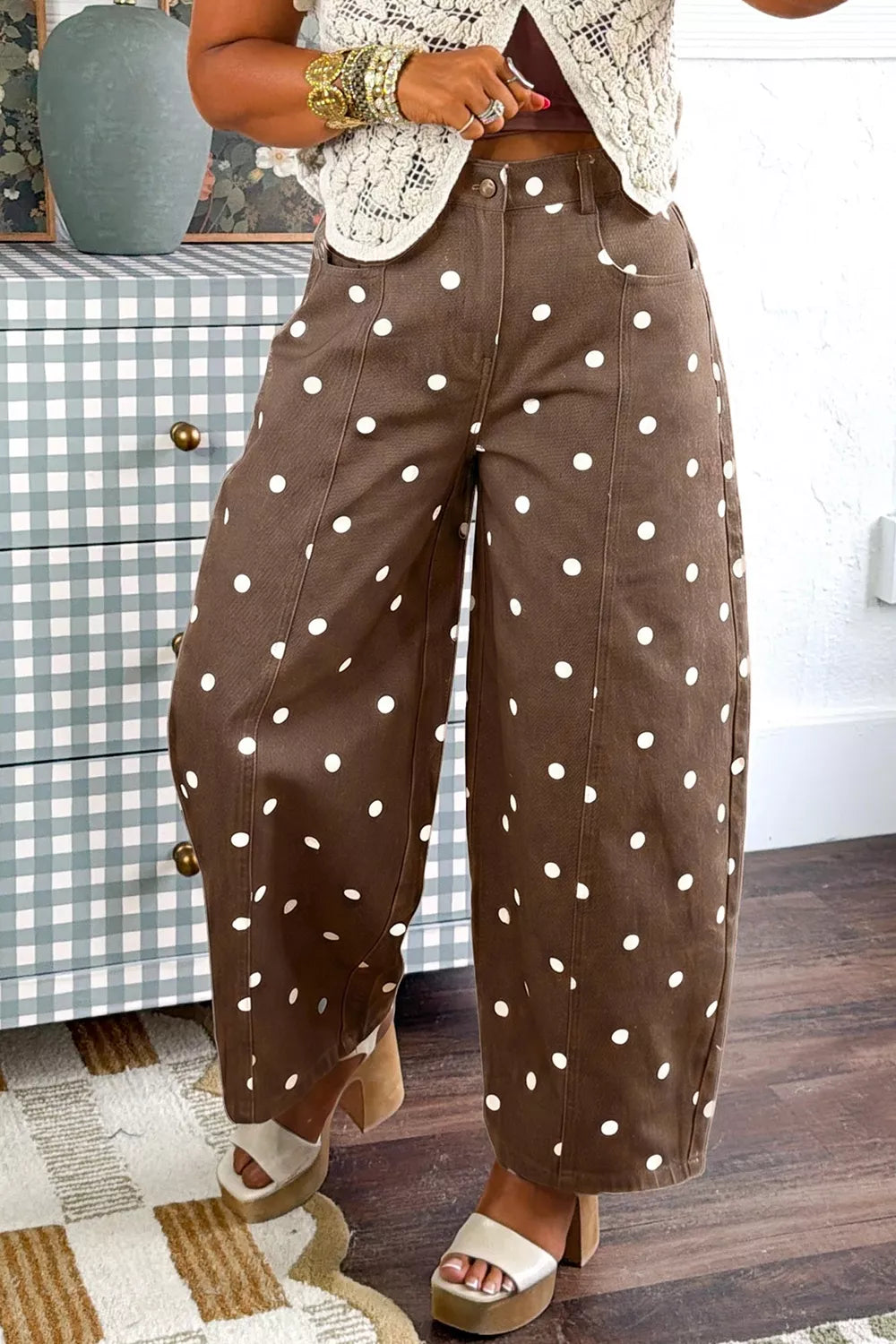 Tailored Seam Polka Dot Print Barrel Casual Jeans - Lilixa.store
