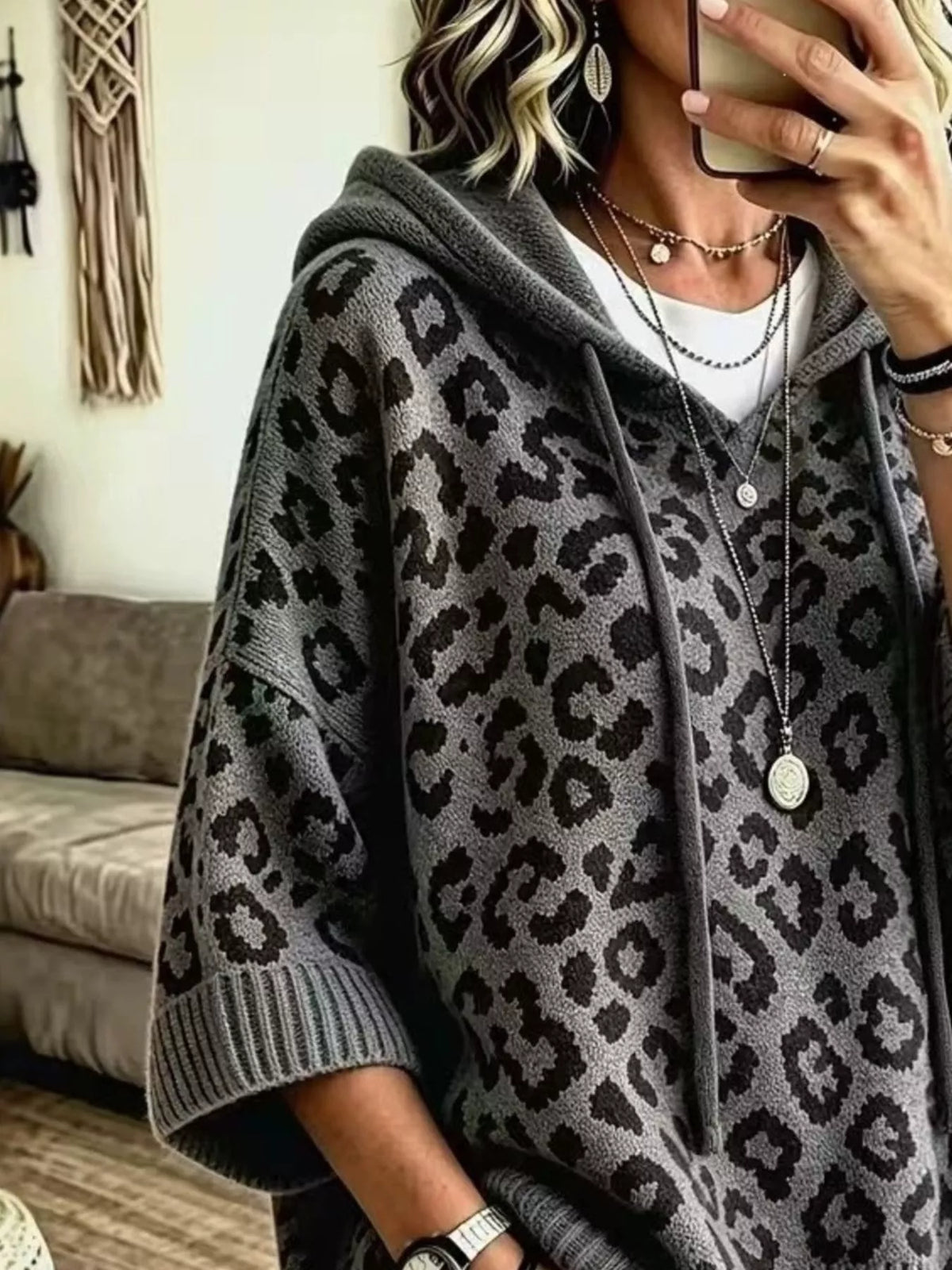 Leopard Print Hooded Knit Sweater, view 5