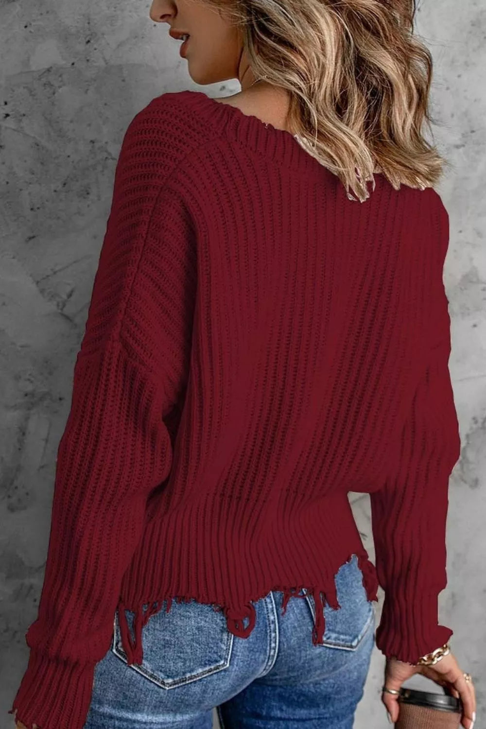 Full Size Raw Hem V-Neck Sweater Plus Size - Lilixa.store