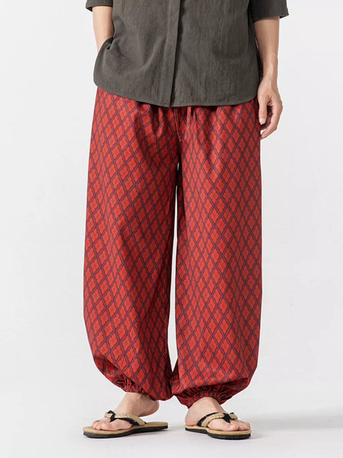 Men's Plus Size Diamond Patterned Harem Pants in Red Wine