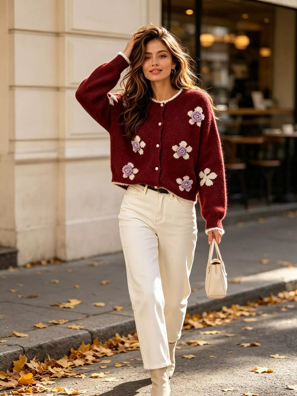 Floral Applique Button-Down Knit Cardigan, view 21