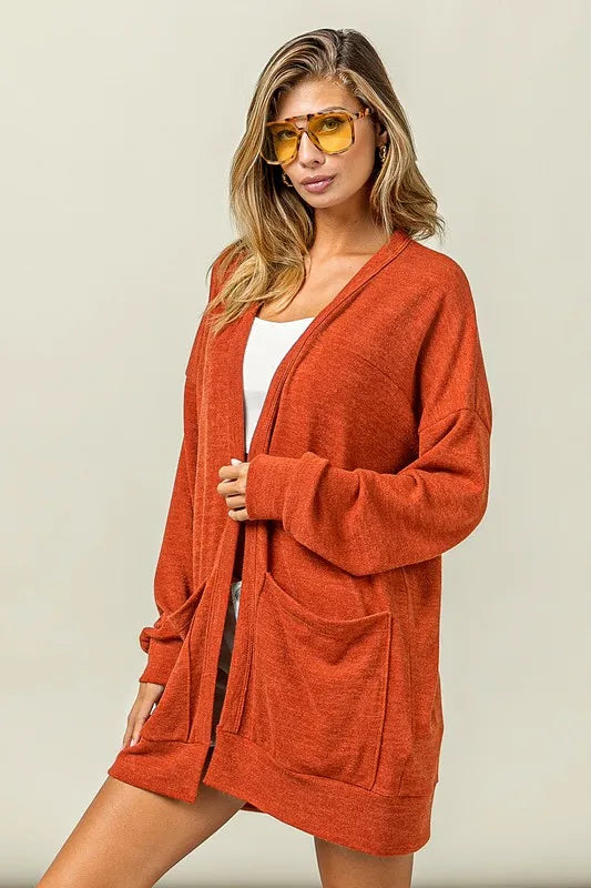 BiBi Open Front Drop Shoulder Cardigan with Pockets in Orange-Red, view 6