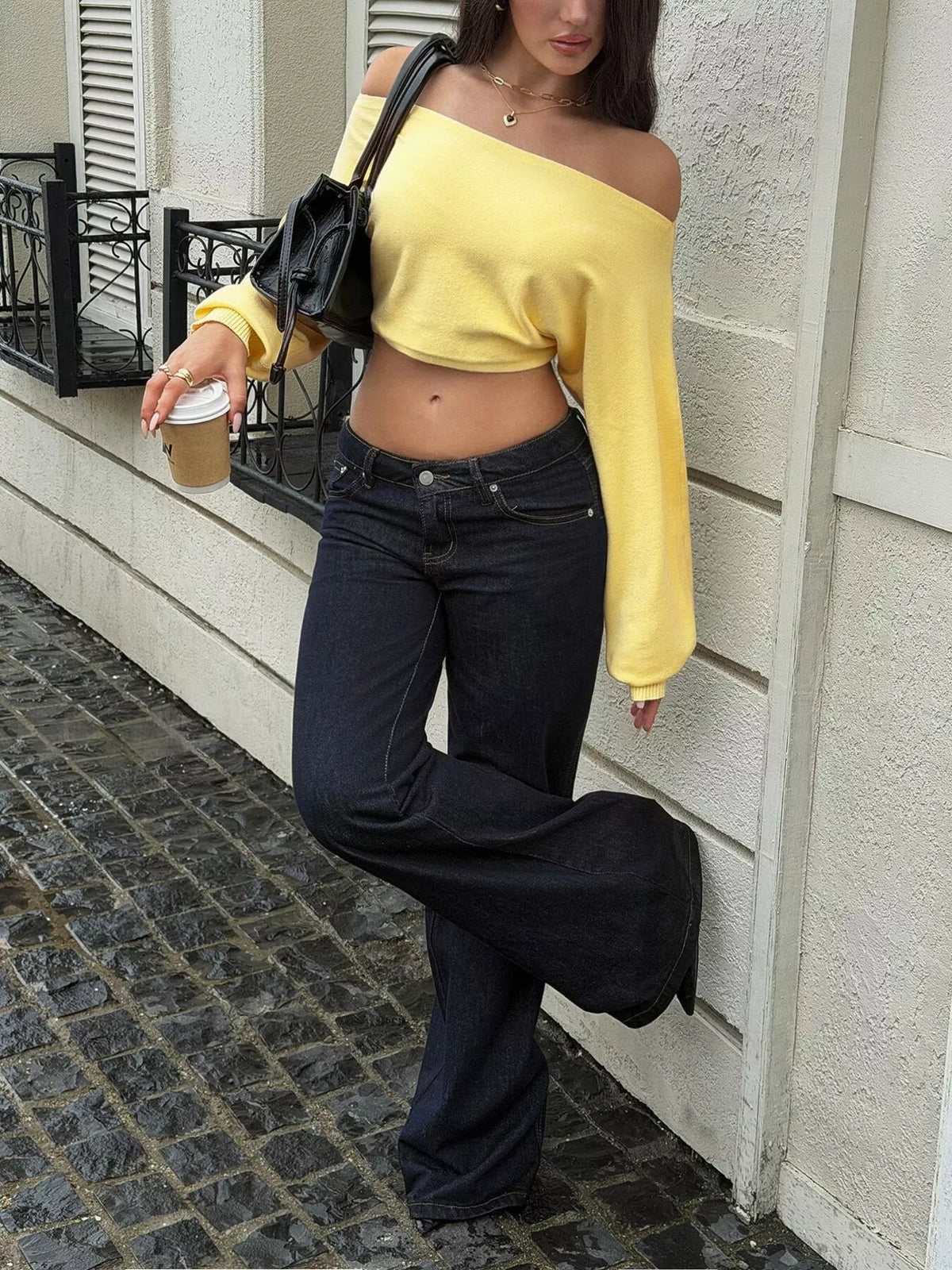 Off-Shoulder Cropped Sweater - Lilixa.store