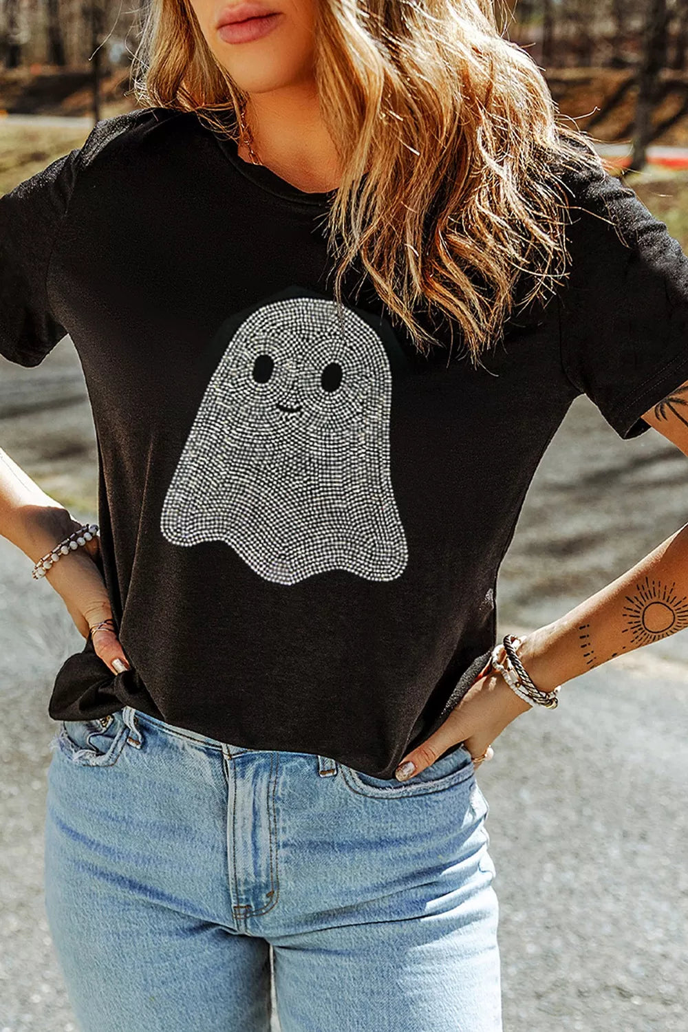 Full Size Rhinestone Ghost Round Neck T-Shirt Plus Size