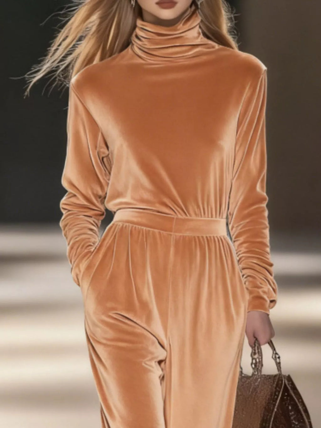 Full Size Velvet Turtleneck Long Sleeve Top and Wide-Leg Pants Set Plus Size - Lilixa.store