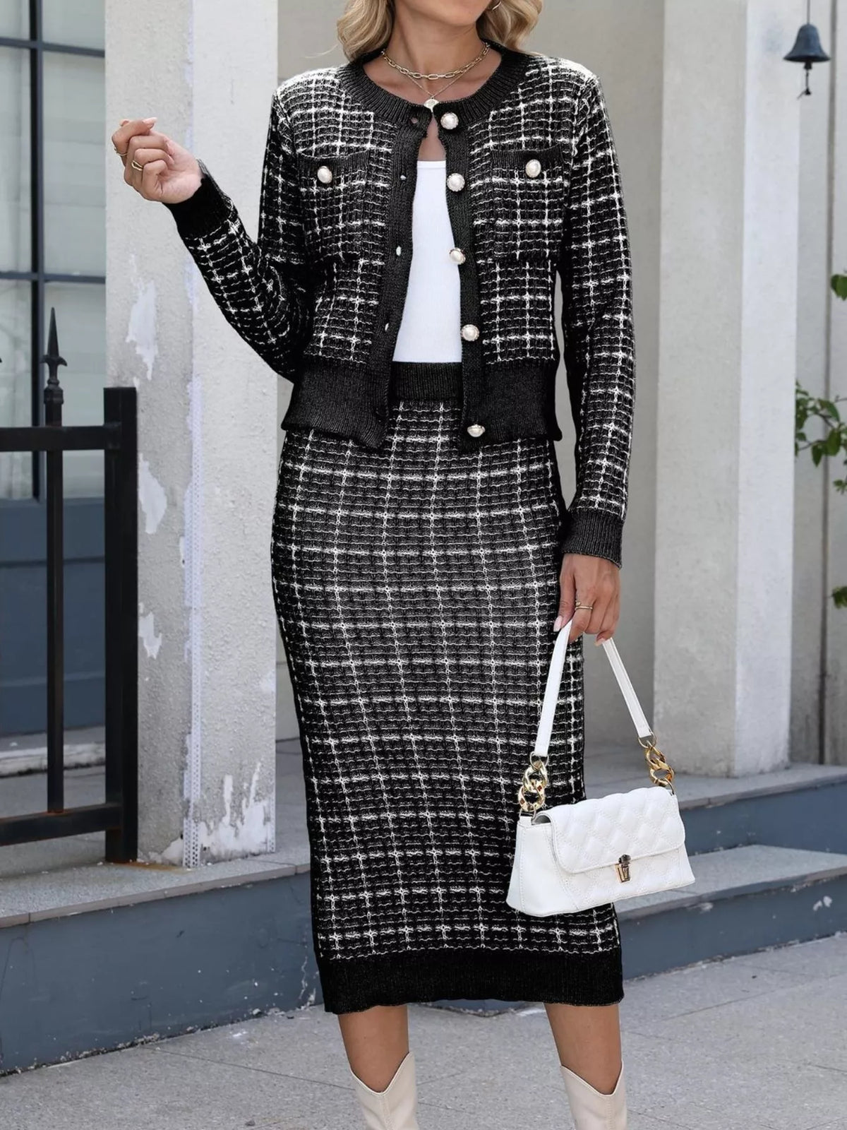Plaid Knit Cardigan and Midi Skirt Sweater Set