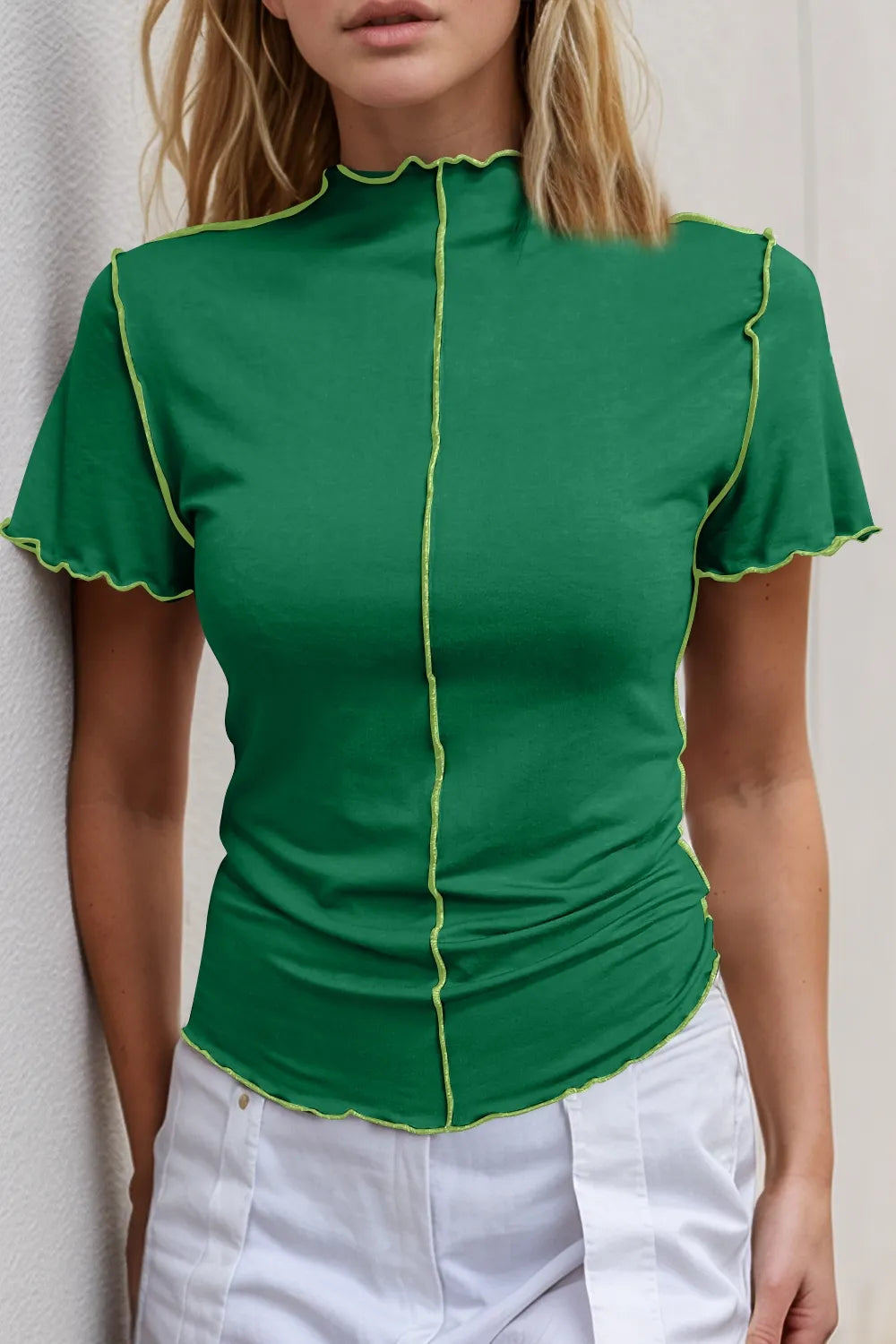 Basic Bae Mock Neck Wave Edge Contrast Stitching Ruffle Short Sleeve Slim Fit Casual Top - Lilixa.store