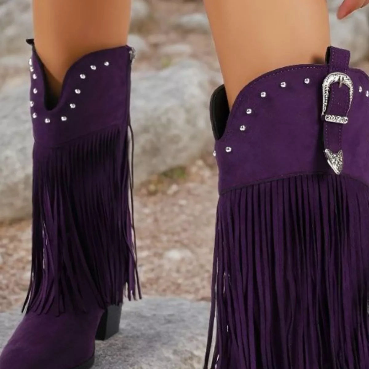 Fringe Round Toe Block Heels Boots - Lilixa.store
