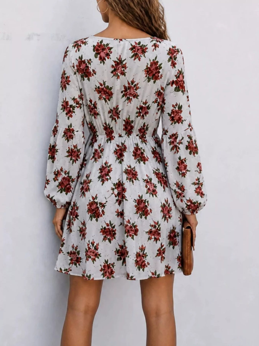 Floral Print V-Neck Long Sleeve Mini Dress - Lilixa.store