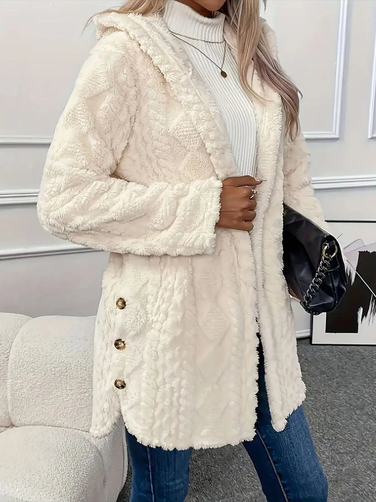 Faux Fur Teddy Coat with Button Front in Cream, view 5