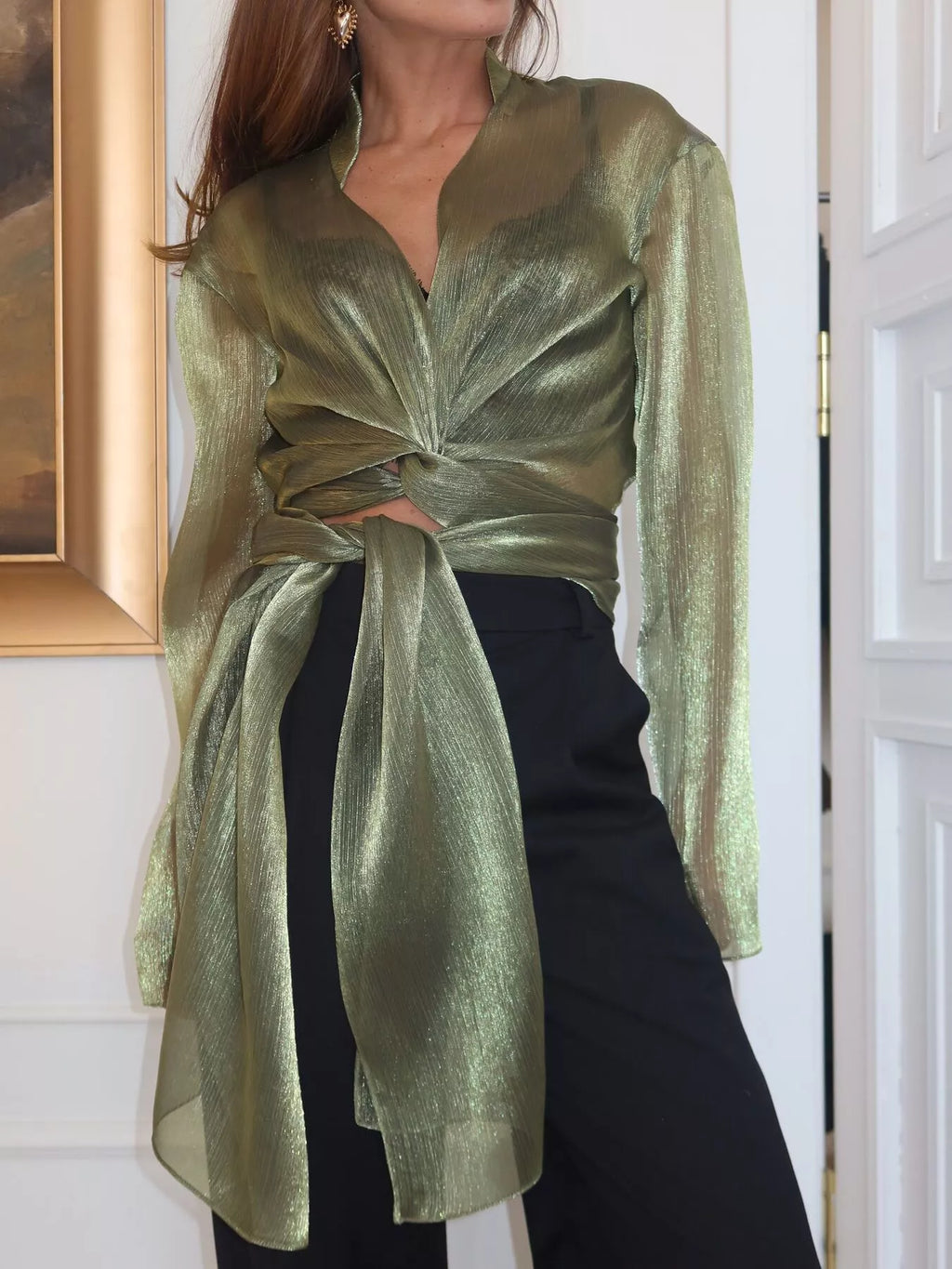 Sheer Front Tie Detail Long Sleeve Shirt - Lilixa.store