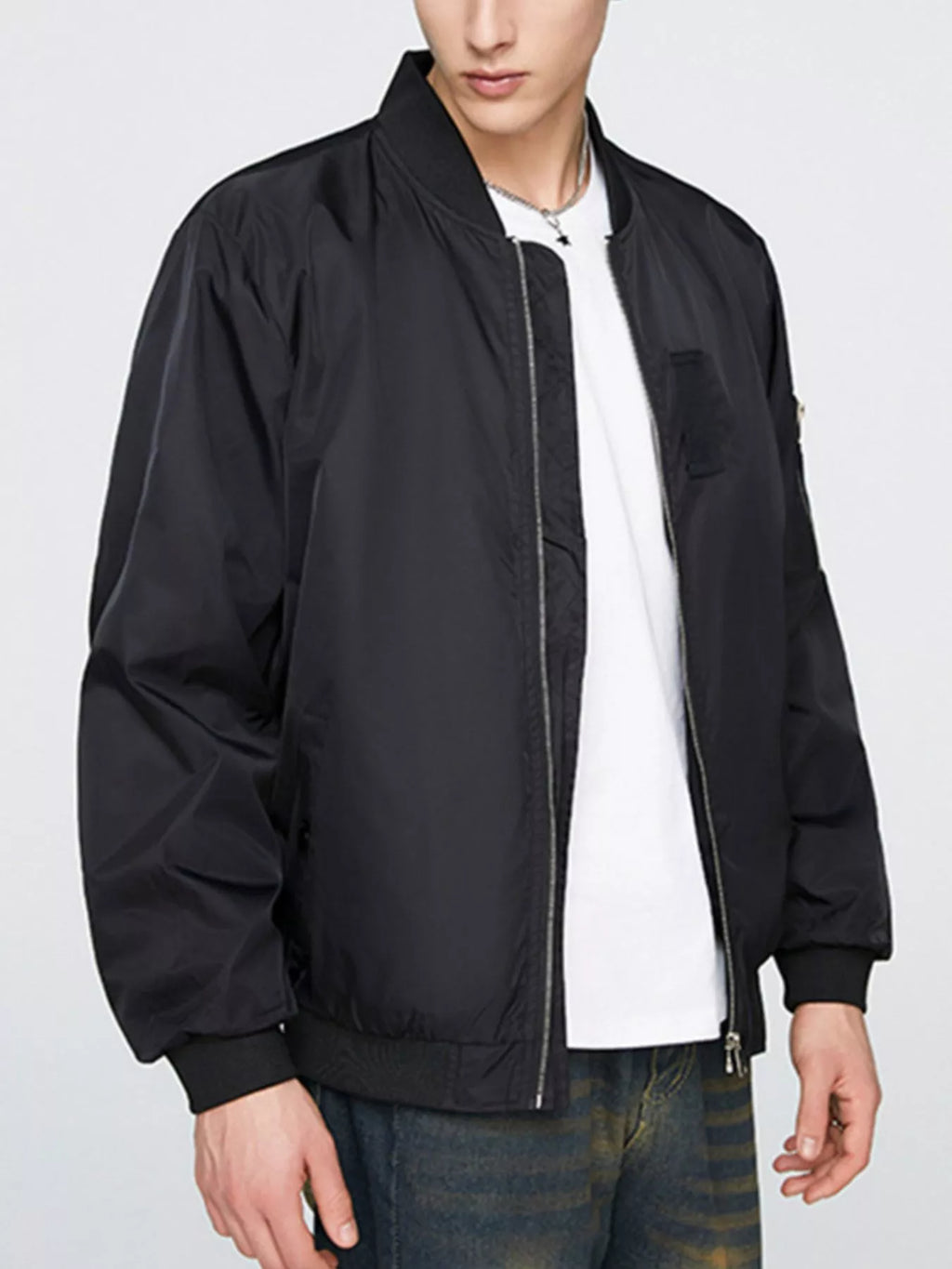 Men's Plus Size Zip Up Lightweight Bomber Jacket in Black
