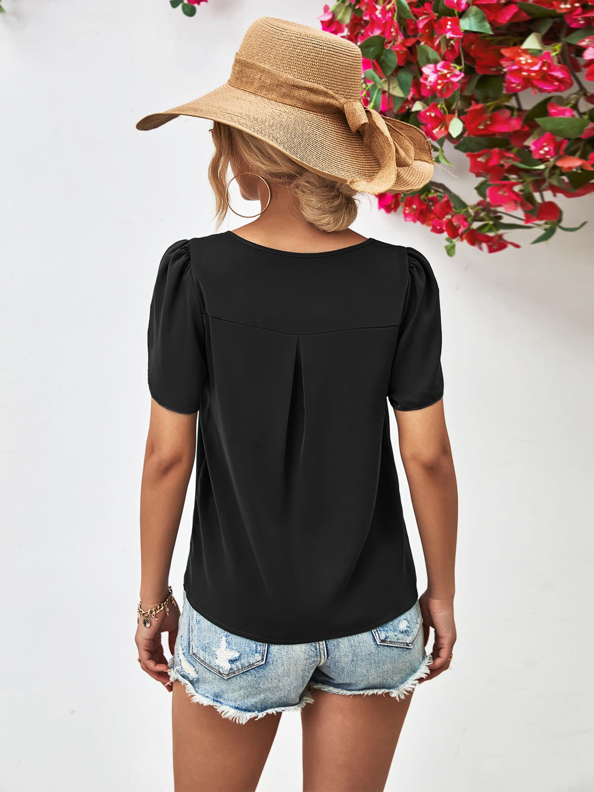 Cutout Round Neck Petal Sleeve Blouse, view 4