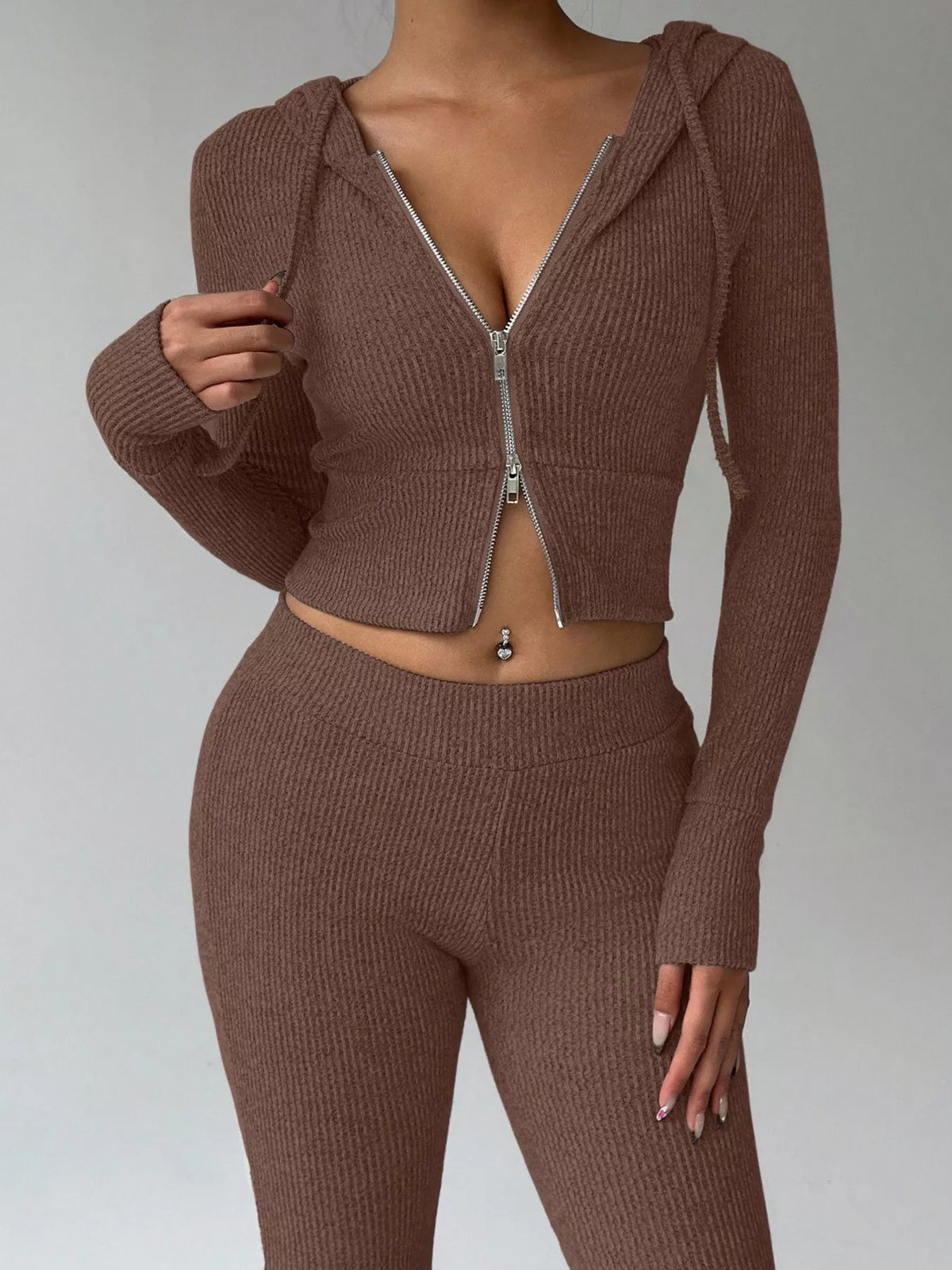 Ribbed Knit Zip-Up Hooded Top and Flared Pants Set