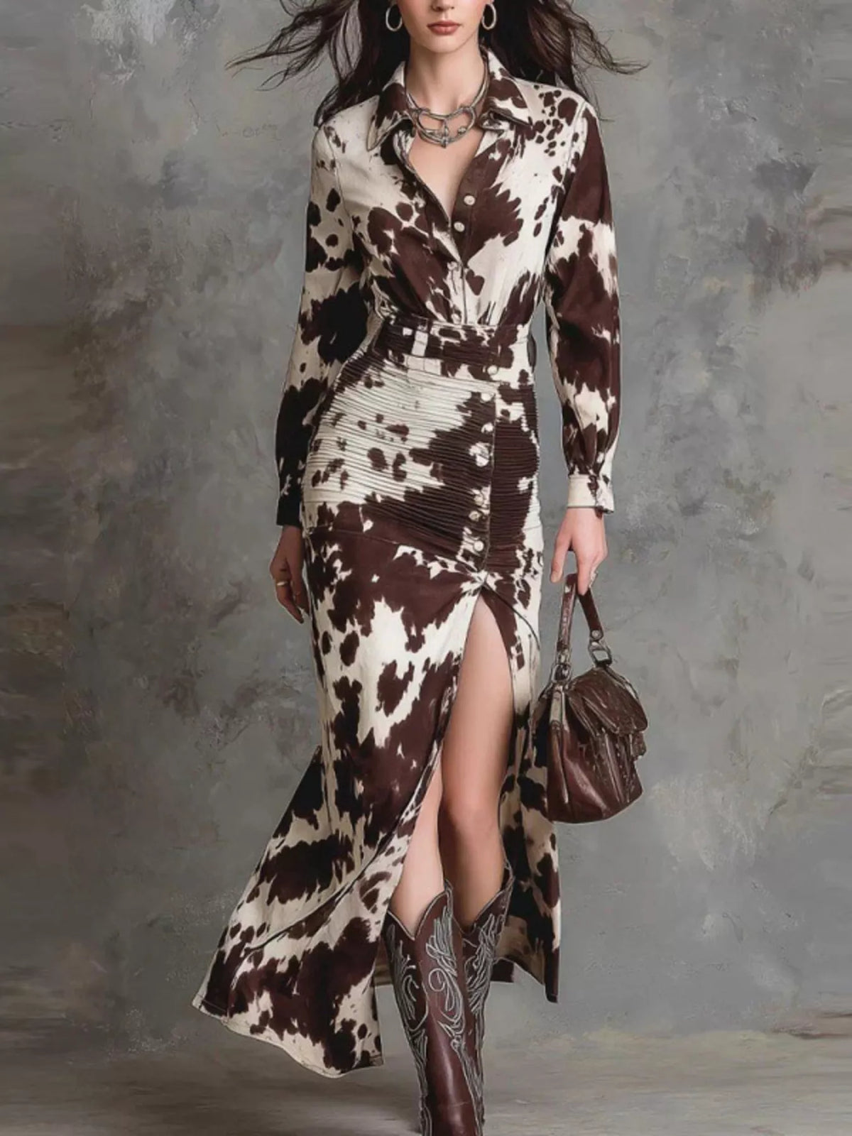 Cow Print Ruched Slit Shirt Maxi Dress - Lilixa.store