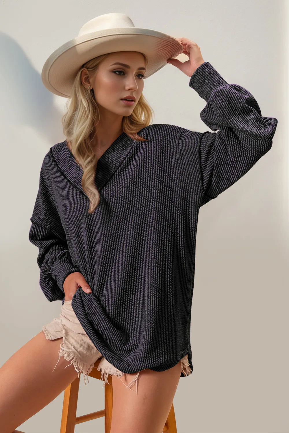 Double Take Exposed Seam Ribbed Textured V-Neck Long Sleeve T-Shirt in Purple, view 6