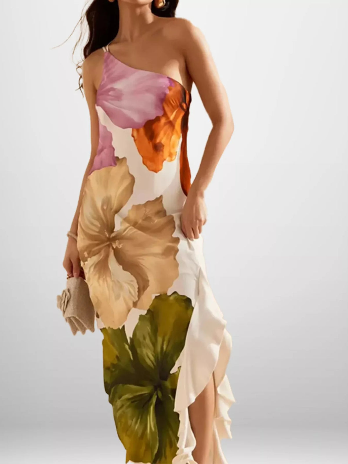 Full Size One-Shoulder Floral Print Satin Maxi Dress Plus Size