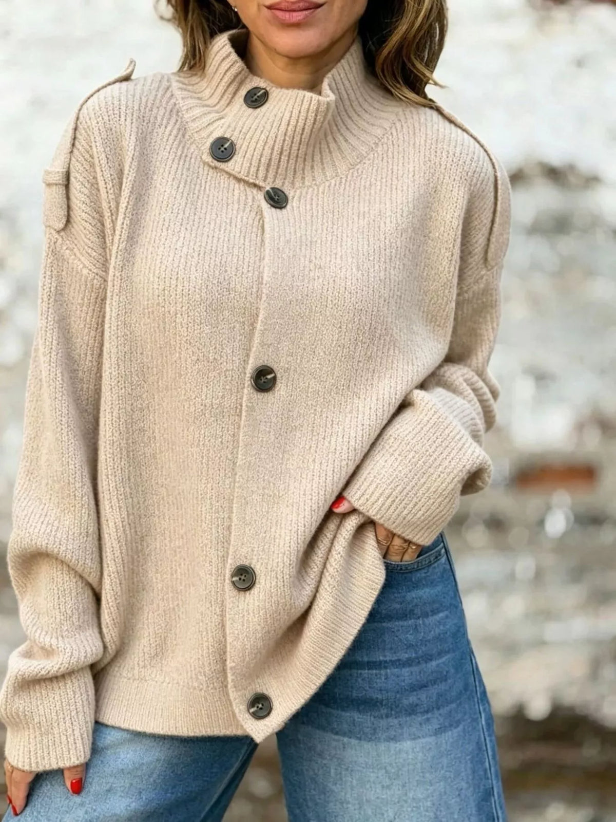 Full Size Button-Up Mock Neck Cardigan Plus Size - Lilixa.store