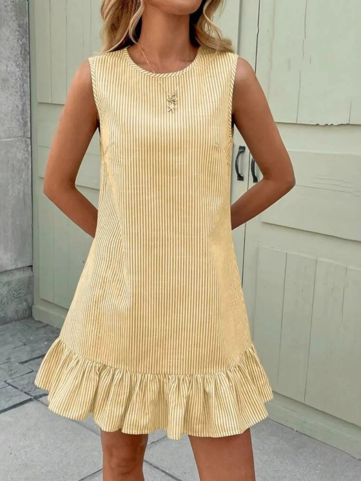 Sleeveless Striped Ruffle Hem Mini Dress