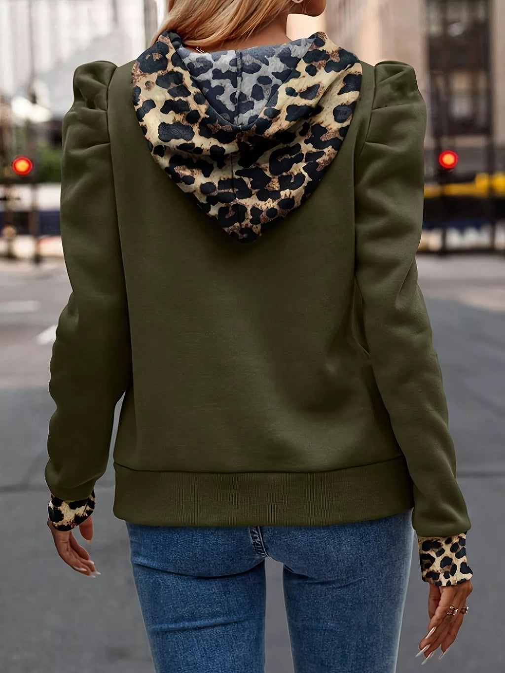 Drawstring Leopard Puff Sleeve Hoodie - Lilixa.store