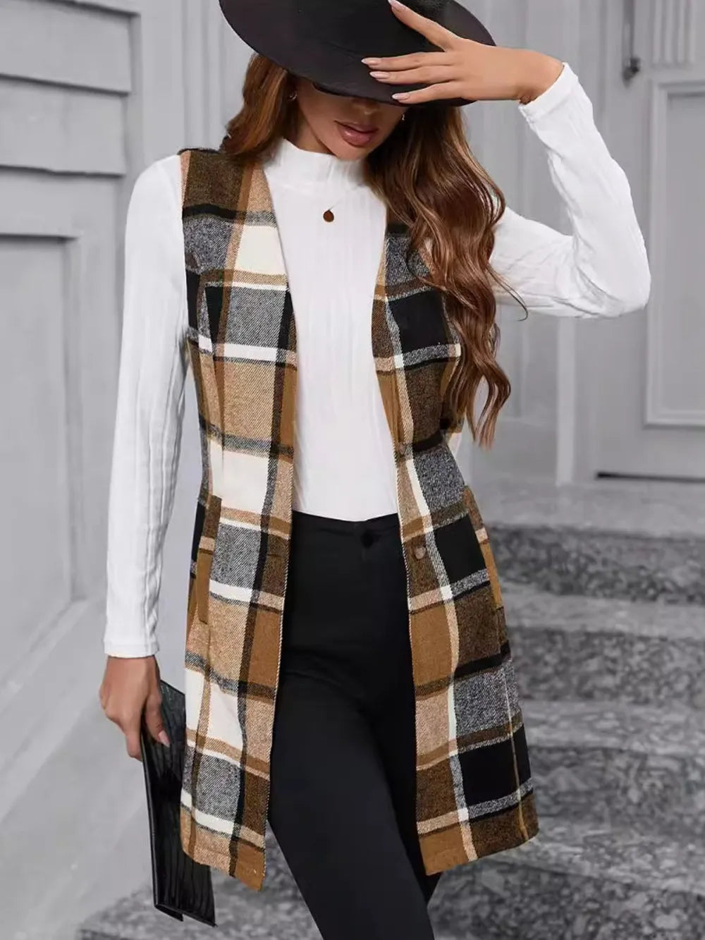Plaid V-Neck Vest Coat in Camel, view 4