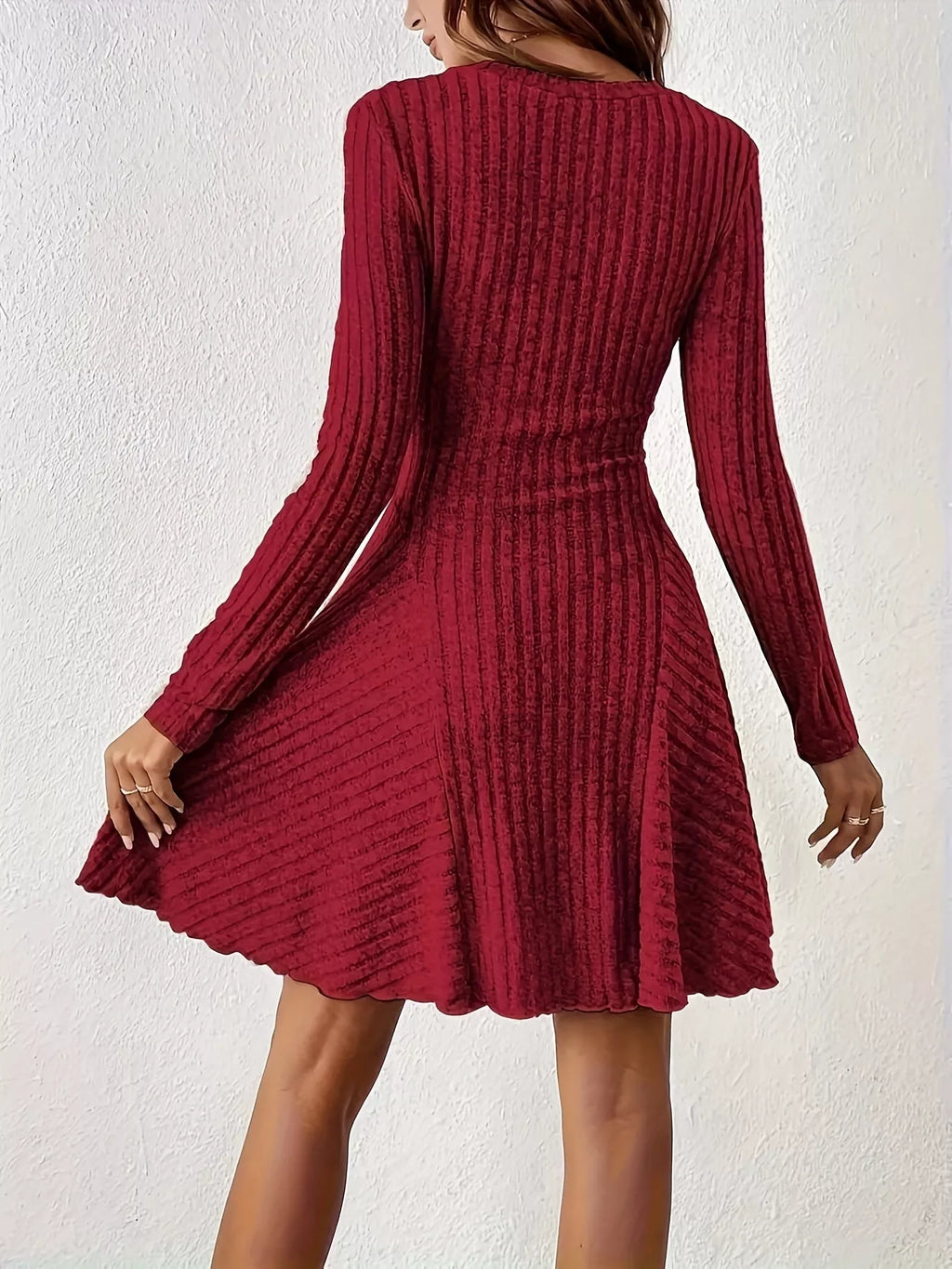 V-Neck Ribbed Knit Flared Knit Dress - Lilixa.store