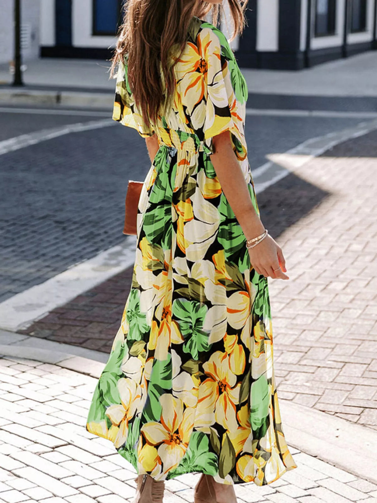 Floral Print V-Neck High Slit Maxi Dress, view 5