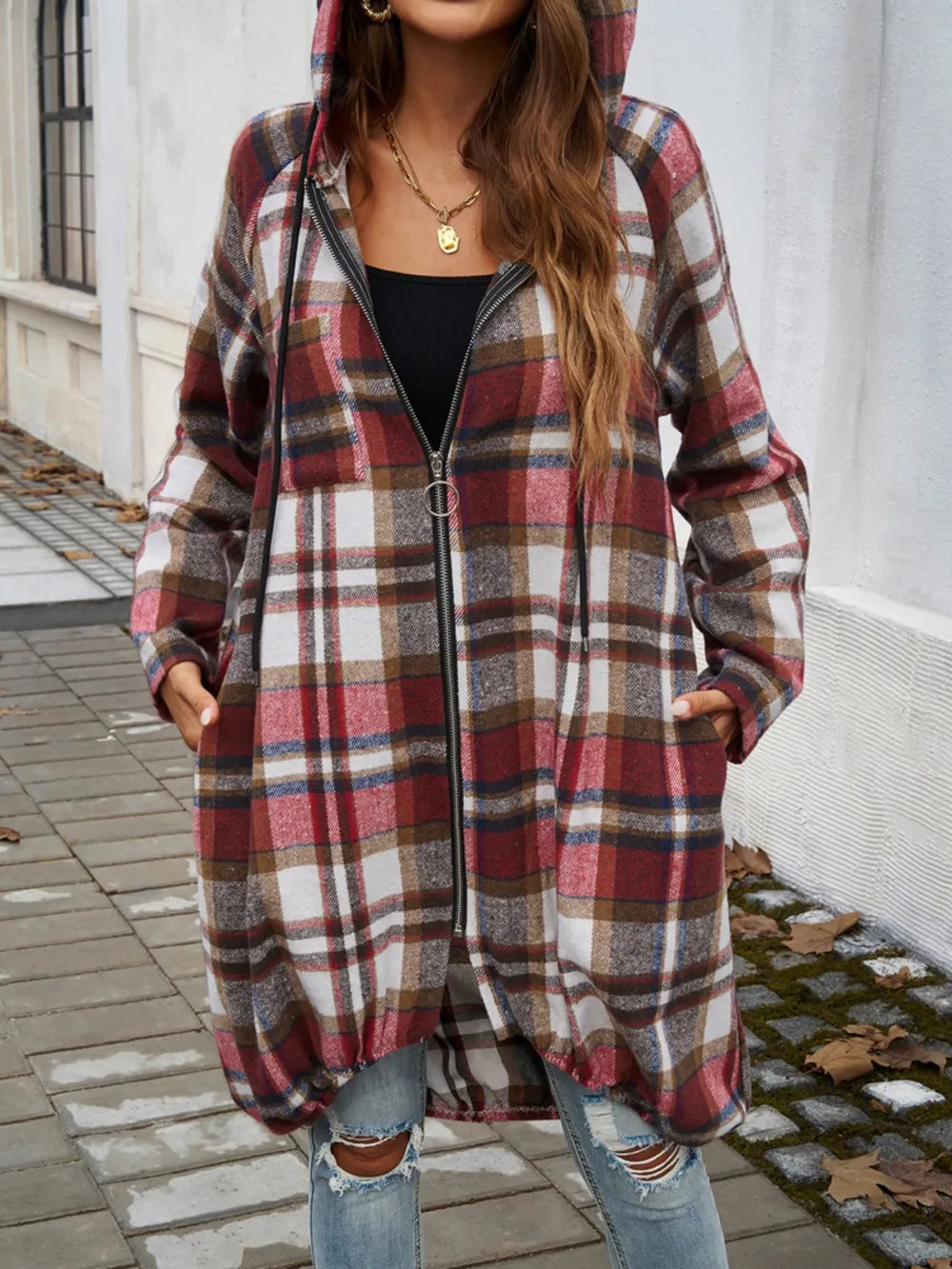 Devine Plaid Zip Up Hooded Coat - Lilixa.store