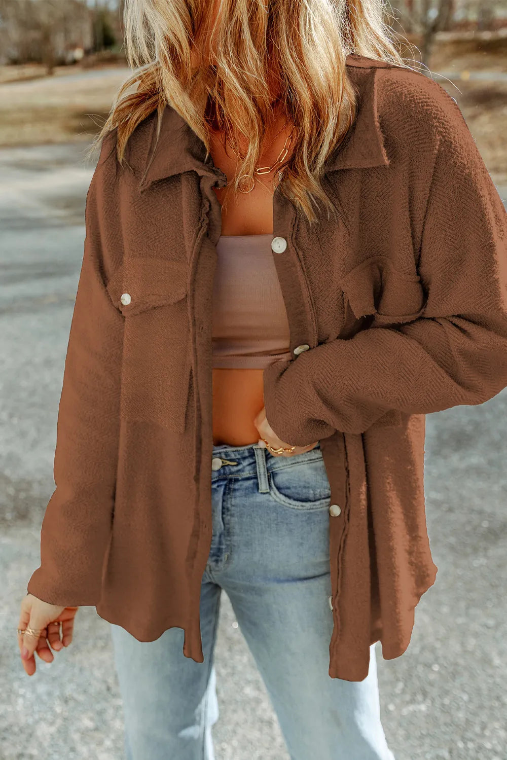 Pocketed Button Up Droppped Shoulder Jacket in Brown