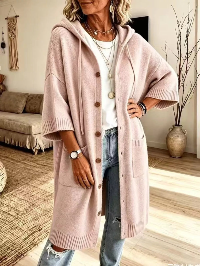 Hooded Button-Down Knit Cardigan with Pockets in Pink