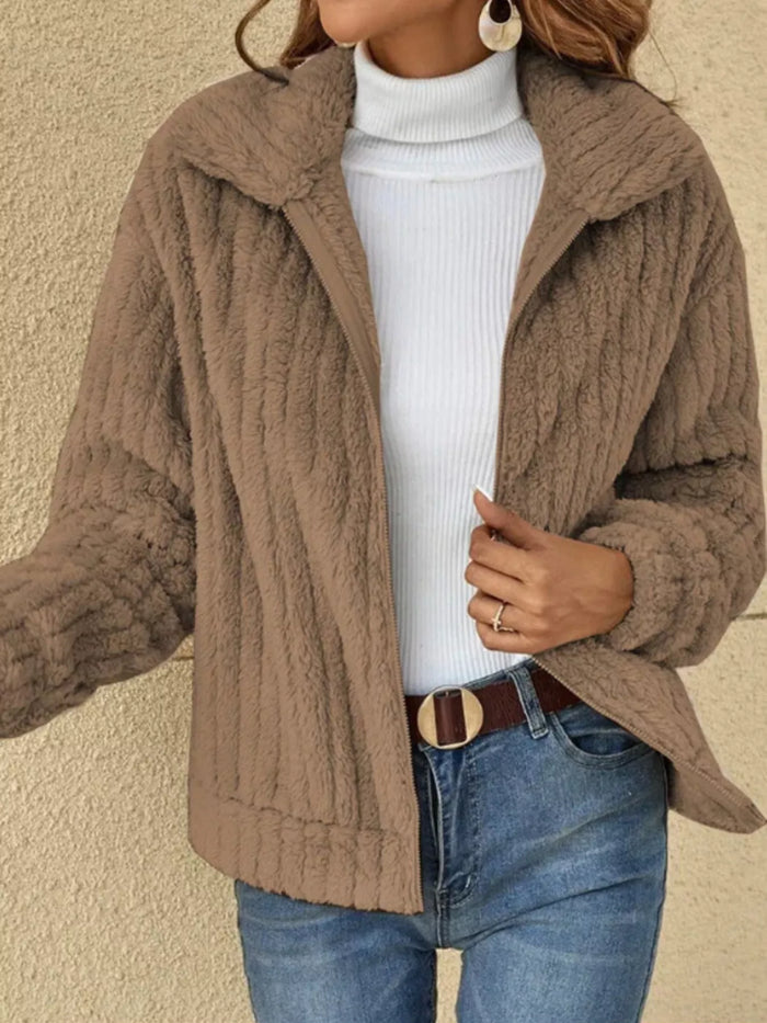Full Size Zip-Up Long Sleeve Texture Jacket Plus Size in Khaki