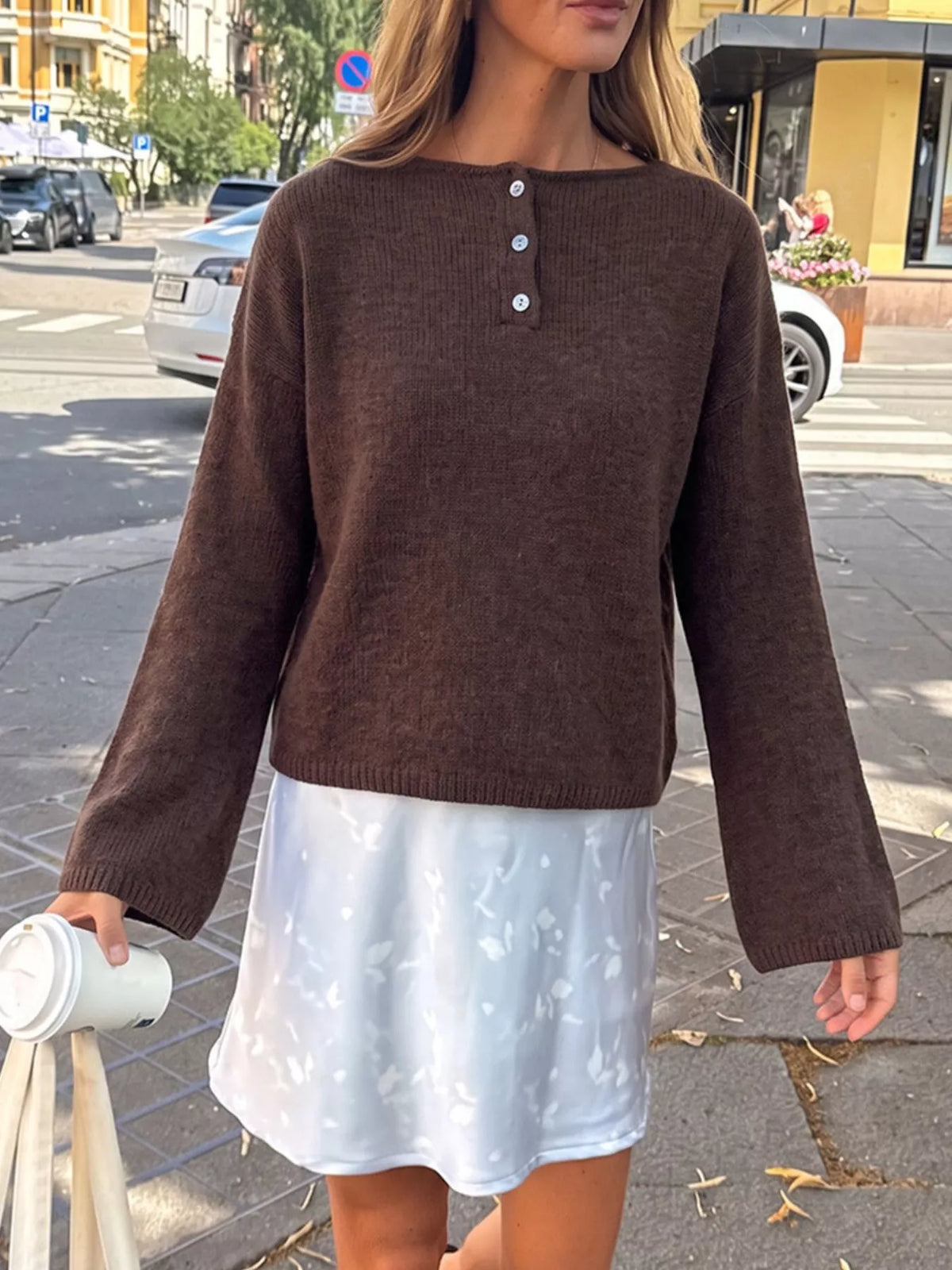 Button-Placket Round Neck Drop Shoulder Knit Top in Dark Brown