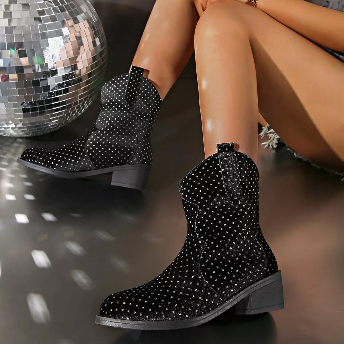 Sparkling Point Toe Block Heels Boots - Lilixa.store