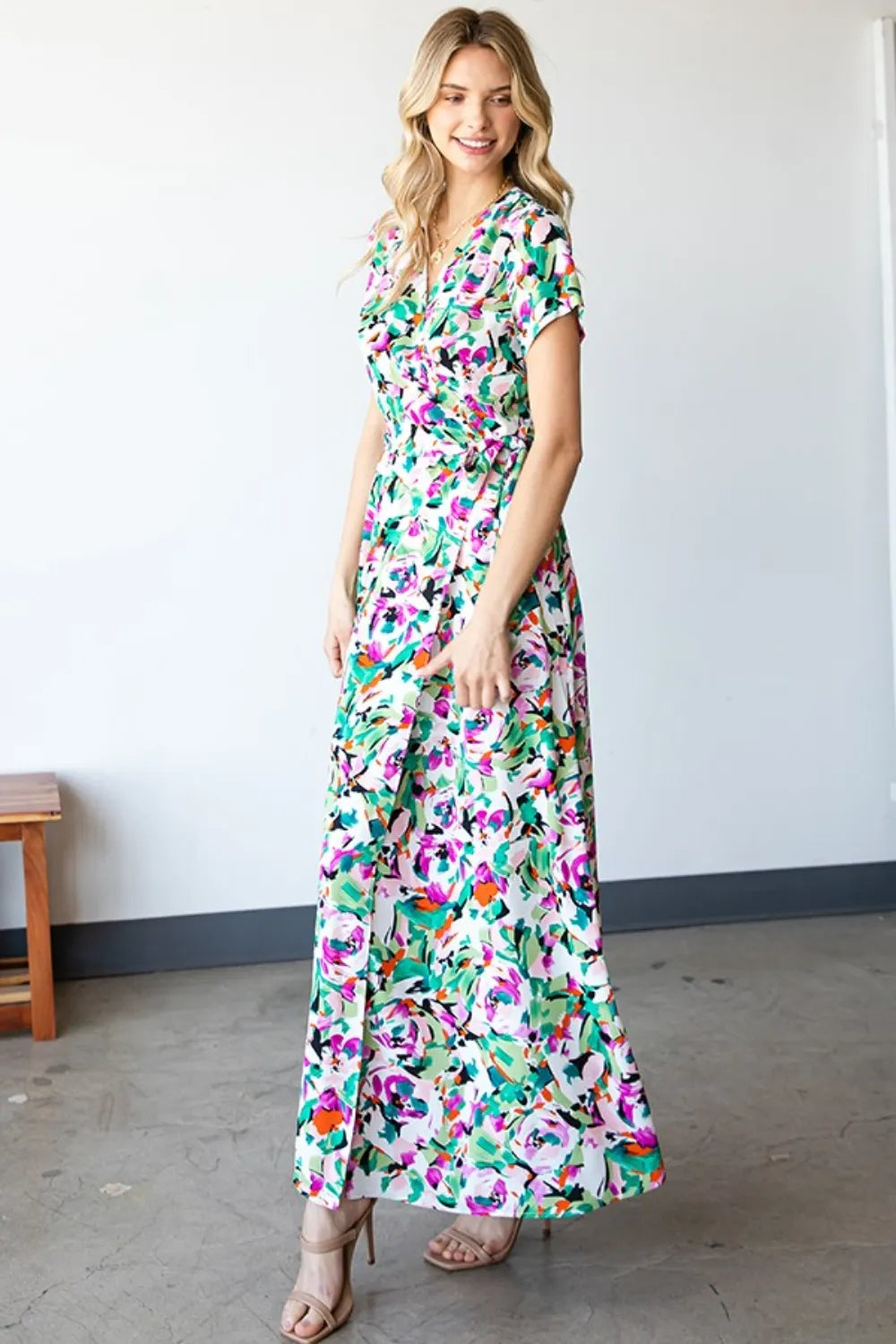 First Love Slit Printed Surplice Tie Waist Short Sleeve Dress - Lilixa.store