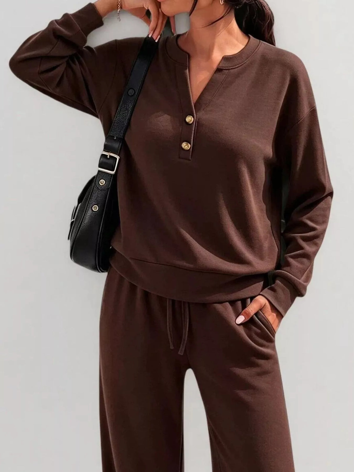 Button Detail Dropped Shoulder Top and Pants Set - Lilixa.store