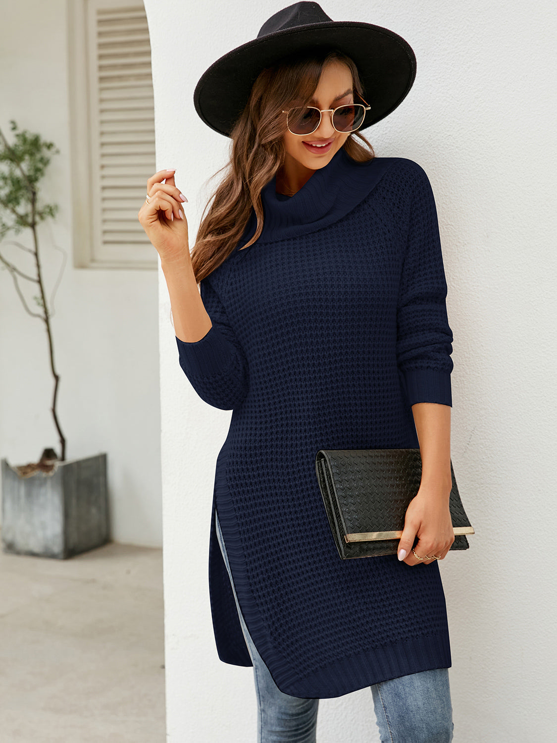 Turtleneck Waffle-Knit Slit Sweater Dress, view 3
