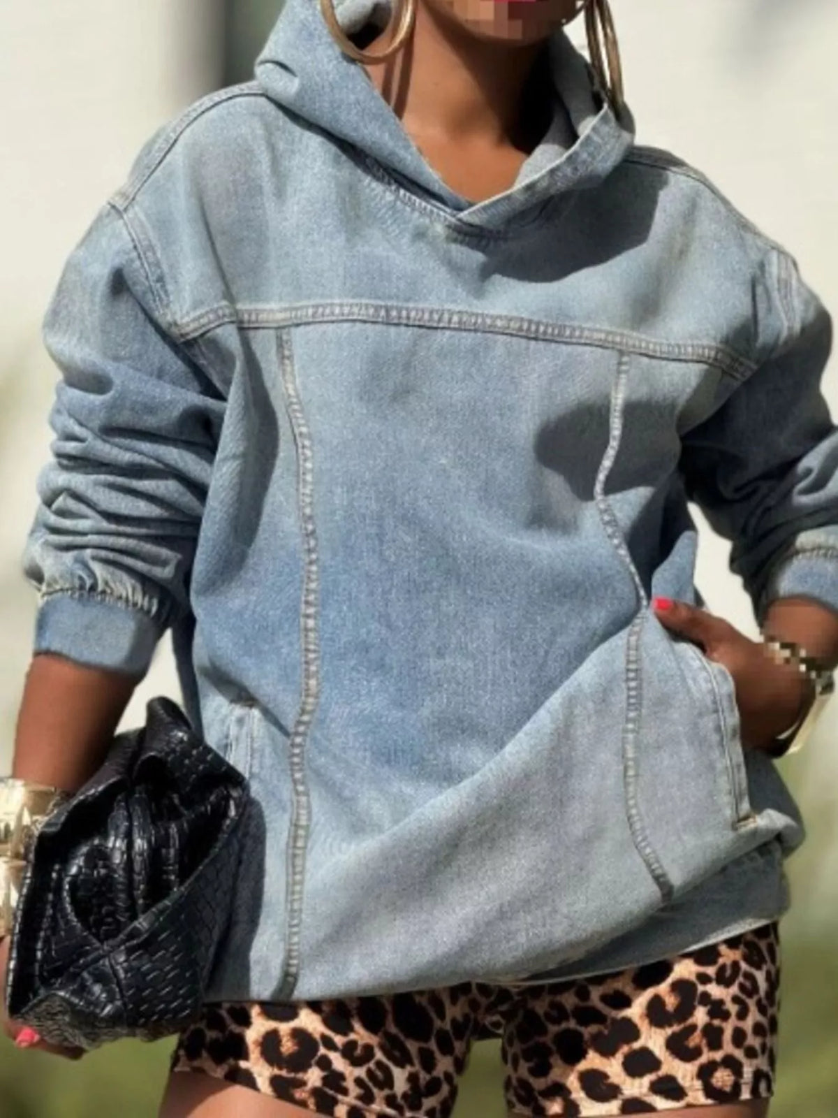 Oversized Washed Denim Hoodie with Front Pocket in Light Blue