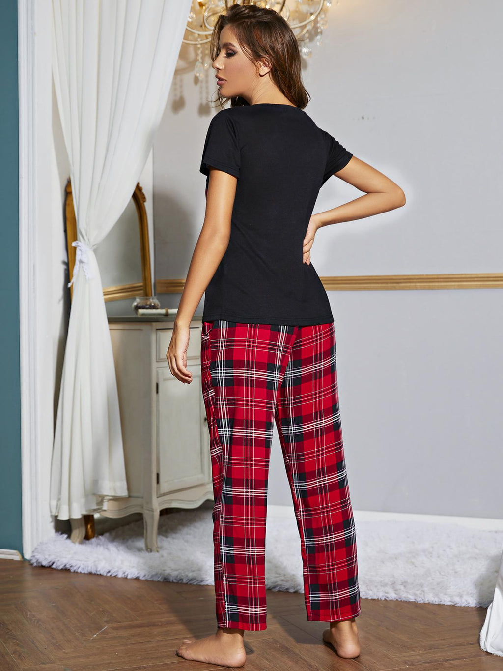 Heart Graphic V-Neck Top and Plaid Pants Lounge Set - Lilixa.store