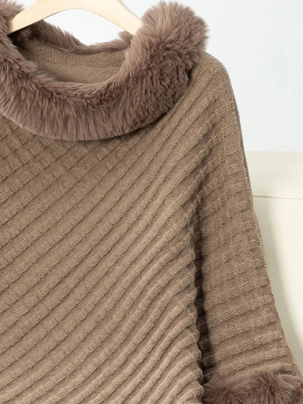 Fuzzy Trim Texture Three-Quarter Sleeve Poncho - Lilixa.store