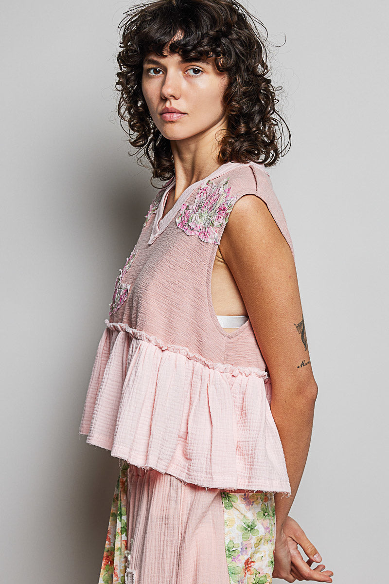 POL Floral Patch Ruffled Sleeveless Top with Raw Edge Detail - Lilixa.store