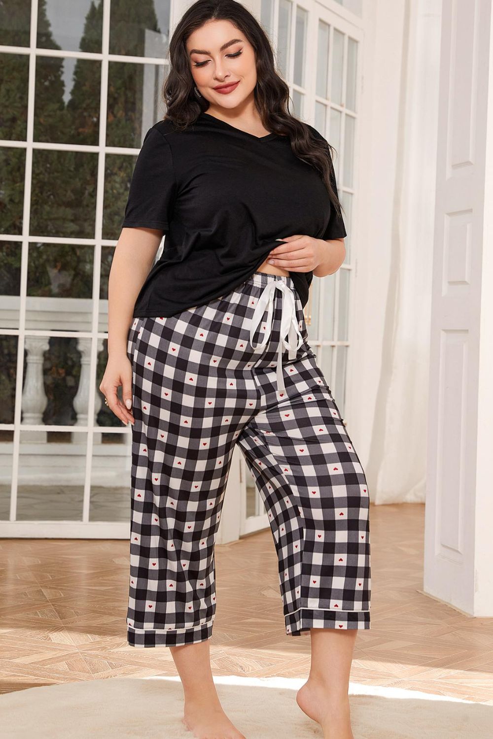 V-Neck Tee and Plaid Cropped Pants Lounge Set - Lilixa.store