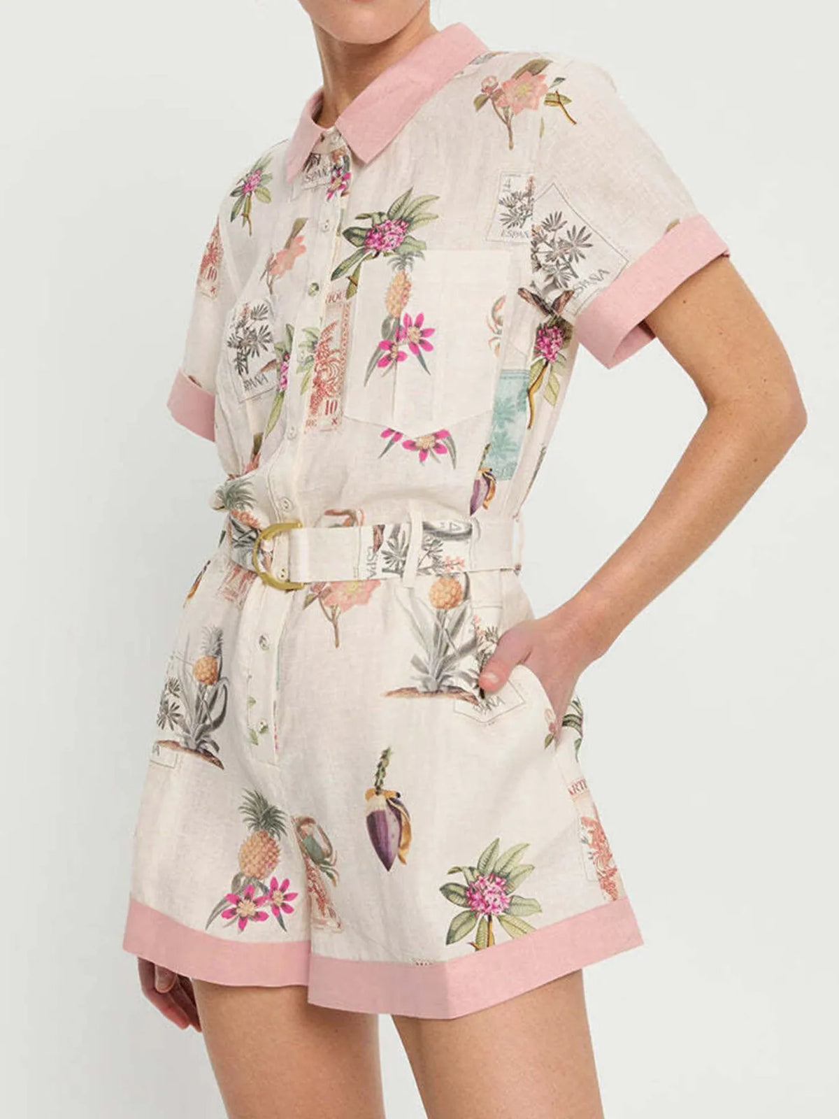 Printed Short Sleeve Romper with Belt in Multicolor, view 4
