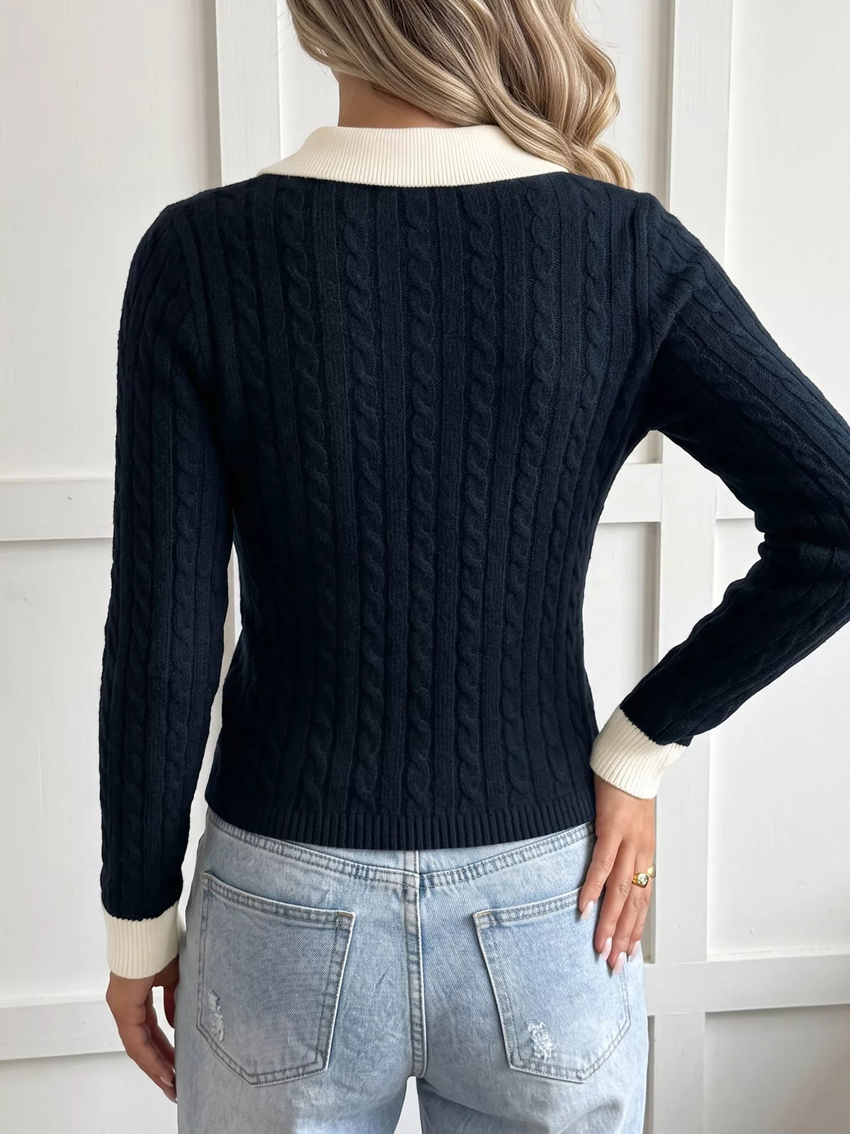 Cable Knit Contrast Collar Sweater in Navy, view 5