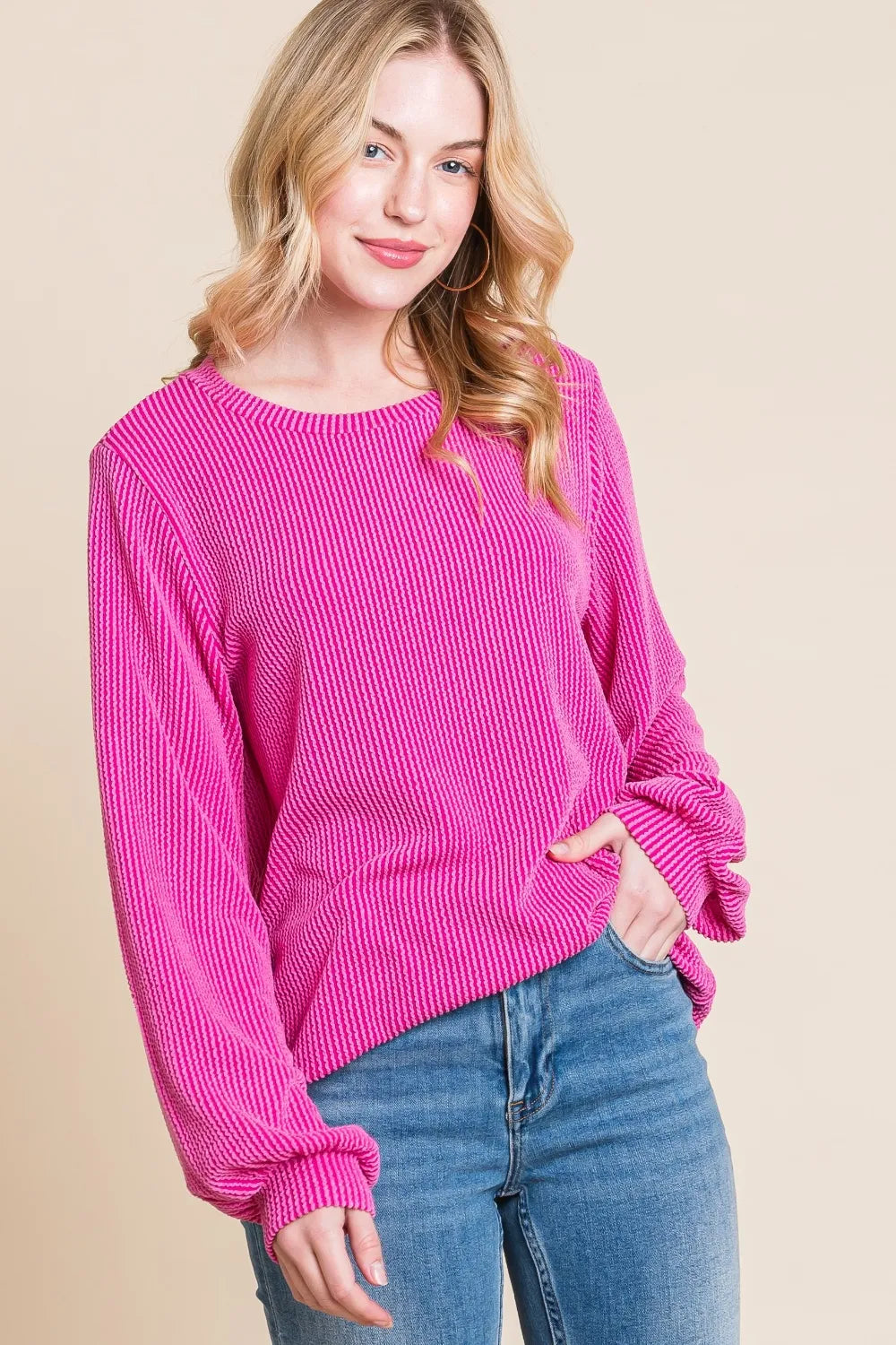 BOMBOM Long Sleeve Curved Hem Ribbed T-Shirt - Lilixa.store