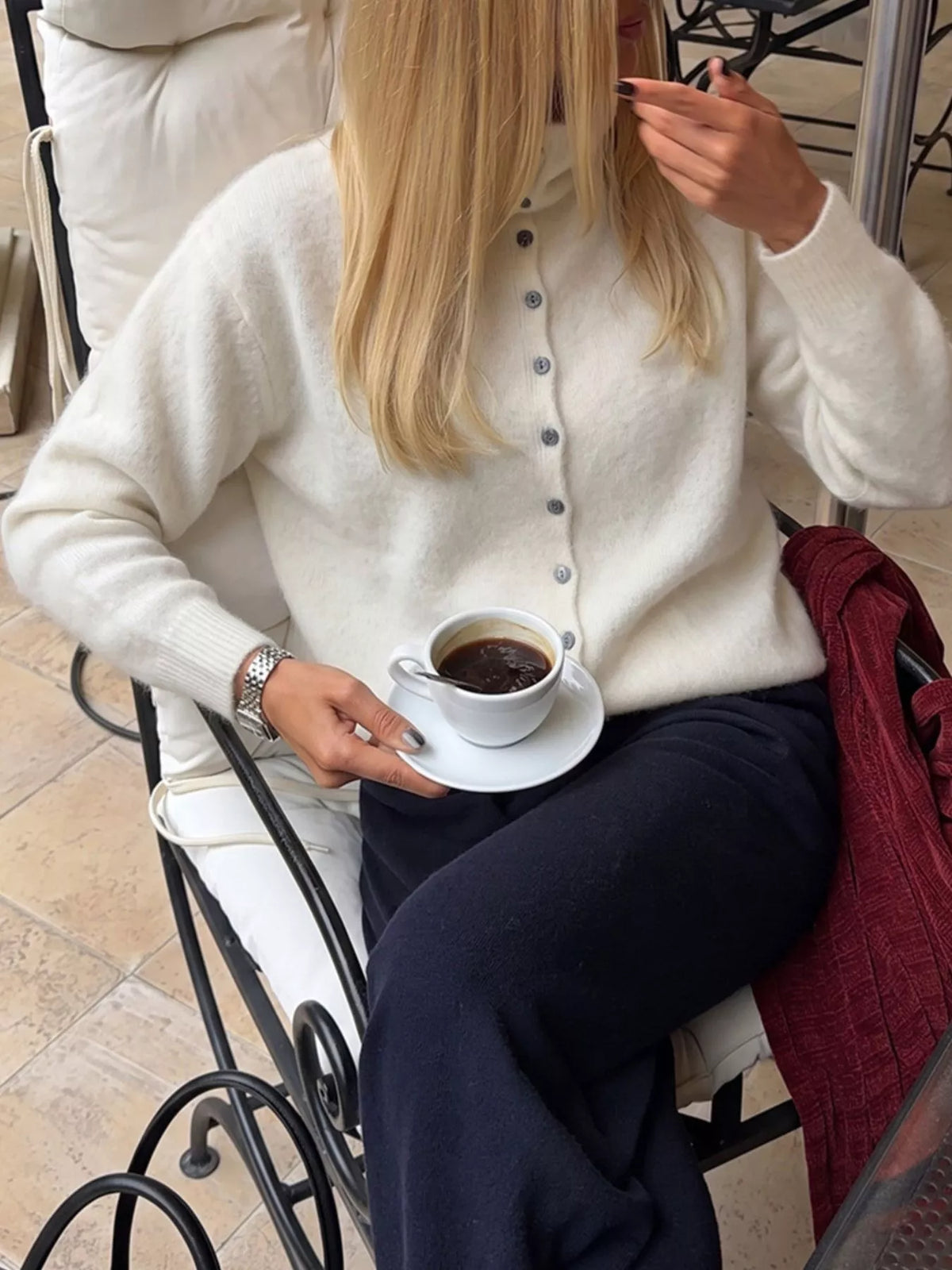 Mock Neck Button-Down Fuzzy Knit Cardigan in White