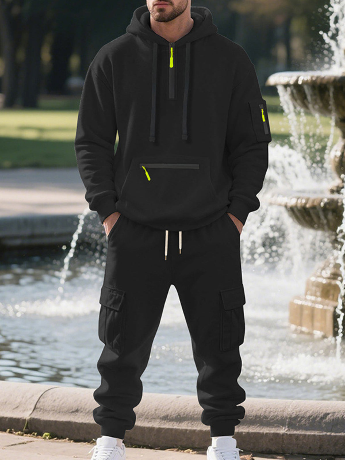 Men's Plus Size Tactical Cargo Hoodie and Jogger Set in Black